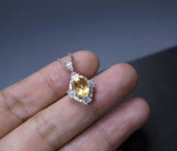 Sterling Silver Natural Citrine Necklace 1.5 CT Genuine Pendant Diamond Halo White Gold plated Dainty Royal Luxury 1073