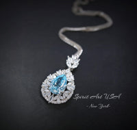 Sky Blue Aquamarine Necklace - 18KGP @ Sterling Silver - Gemstone Wheat Necklace - Teardrop Aquamarine Pendant - March Birthstone #861