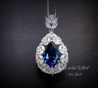 Sapphire Necklace Wheat Style Teardrop Pear 18KGP Sterling Silver - 3 CT Blue Sapphire Pendant - Gemstone Flower September Birthstone #908