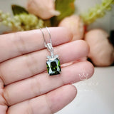 Rectangular Peridot Necklace - White Gold Sterling Silver Gemstone Flower Green Peridot Pendant - August Birthstone #966