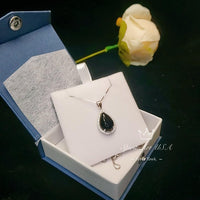 Large Natural Black Onyx Necklace - Root Chakra Healing - Sterling Silver Genuine Teardrop Gemstone Halo Black Onyx Pendant #932