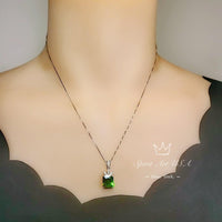 Rectangular Peridot Necklace - White Gold Sterling Silver Gemstone Flower Green Peridot Pendant - August Birthstone #966
