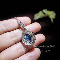 Sapphire Necklace Wheat Style Teardrop Pear 18KGP Sterling Silver - 3 CT Blue Sapphire Pendant - Gemstone Flower September Birthstone #908