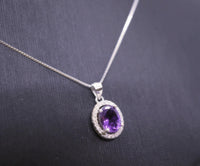 Sterling Silver Halo Natural Amethyst Necklace - Crown Chakra Healing Genuine Salitaire Oval Amethyst Pendant 1080