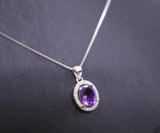 Sterling Silver Halo Natural Amethyst Necklace - Crown Chakra Healing Genuine Salitaire Oval Amethyst Pendant 1080