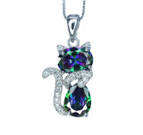 Cat Rainbow Mystic Topaz Necklace - Gemstone Cat Kitty Pendant - White Gold Coated Sterling Silver Pets Lover Jewelry #214