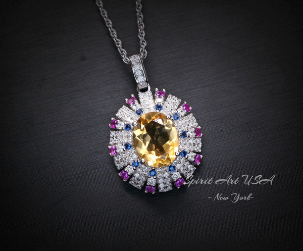 Luxury Radiant Genuine Citrine Necklace - Source Light Style Gold coated 925 Sterling Silver - Exclusive Design 3 CT Citrine Pendant #903