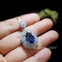 Sapphire Necklace Wheat Style Teardrop Pear 18KGP Sterling Silver - 3 CT Blue Sapphire Pendant - Gemstone Flower September Birthstone #908