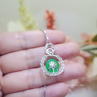 10mm Green Jade Necklace Diamond Triple Circle Green Jade Pendant White Gold Plated Sterling Silver 1051