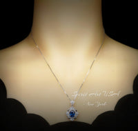 Blue Sapphire Necklace - Gemstone Flower White Gold Coated Sterling Silver 2.5 Ct September Birthstone Royal Solitaire Artist Design #648