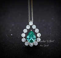 Green Paraiba Necklace - 18KGP @ Sterling Silver - 2.5 CT - Gemstone Halo Teardrop Green Paraiba Tourmaline Necklace #969