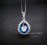 Teardrop Blue Sapphire Necklace Pink Tourmaline Surrounded Halo Large Solitaire Pear Cut Blue Sapphire Pendant 18kgp @ Sterling Silver #686