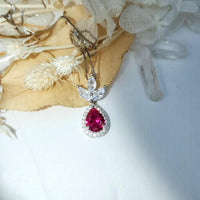 Sterling Silver Ruby Jewelry three-petal flower style Teardrop Ruby Pendant 18KGP White gold coated Adjustable Chain #421