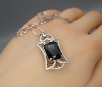 Large Black Cubic Zirconia Necklace - Sterling Silver Black Protective Gemstone Jewelry 18KGP Royal Flower Rectangle CZ Pendant 1028