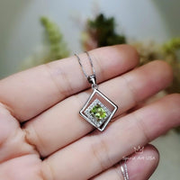 Tiny Geometric Square Peridot Necklace, Double Square, Genuine Natural Peridot Pendant Sterling Silver White Gold Plated #168