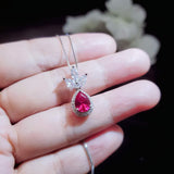 Sterling Silver Ruby Jewelry three-petal flower style Teardrop Ruby Pendant 18KGP White gold coated Adjustable Chain #421