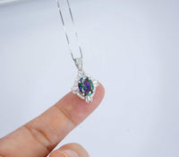Small rainbow mystic topaz necklace sterling silver made with white gold coated Gemstone style oval cut 16" ~20" adjustable chain #193