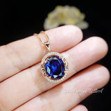 Rose Gold Blue Sapphire Necklace 4.5 CT Oval Royal Blue Gemstone Gemstone Halo Sterling Silver Pendant September Birthstone #745