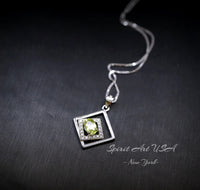 Tiny Geometric Square Peridot Necklace, Double Square, Genuine Natural Peridot Pendant Sterling Silver White Gold Plated #168