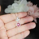 Sterling Silver Ruby Jewelry three-petal flower style Teardrop Ruby Pendant 18KGP White gold coated Adjustable Chain #421