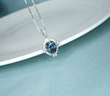 Small rainbow mystic topaz necklace sterling silver made with white gold coated Gemstone style oval cut 16" ~20" adjustable chain #193