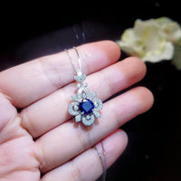 Blue Sapphire Necklace Gemstone Flower Style - 6mm Round Blue Sapphire Pendant - 18KGP @ Sterling Silver - September Birthstone #600
