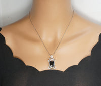 Large Black Cubic Zirconia Necklace - Sterling Silver Black Protective Gemstone Jewelry 18KGP Royal Flower Rectangle CZ Pendant 1028