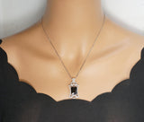Large Black Cubic Zirconia Necklace - Sterling Silver Black Protective Gemstone Jewelry 18KGP Royal Flower Rectangle CZ Pendant 1028