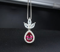 Sterling Silver Ruby Jewelry three-petal flower style Teardrop Ruby Pendant 18KGP White gold coated Adjustable Chain #421