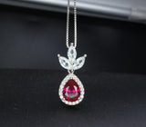 Sterling Silver Ruby Jewelry three-petal flower style Teardrop Ruby Pendant 18KGP White gold coated Adjustable Chain #421