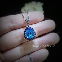 Large Blue Topaz Necklace - Blue Sapphire Halo - Blue Topaz Pendant - Teardrop Blue Topaz Jewelry - 18kgp @ Sterling Silver - 4 CT #598