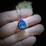 Large Blue Topaz Necklace - Blue Sapphire Halo - Blue Topaz Pendant - Teardrop Blue Topaz Jewelry - 18kgp @ Sterling Silver - 4 CT #598