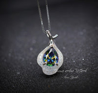 Mystic Topaz Necklace Sterling Silver Flower Petal Pendant White Gold plated Teardrop Rainbow Gemstone #284