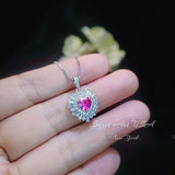 Double Halo Pink Sapphire Necklace - Pink Heart Pendant - 18KGP @ Sterling Silver - Dainty Fuchsia Red Pink Sapphire Pendant #298