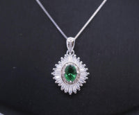 Gemstone Emerald Necklace White Gold plated Sterling Silver Green Gemstone Pendant Double Surround Star Dainty May Birthstone #960
