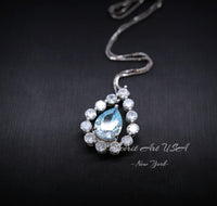 Aquamarine Necklace, Sterling Silver Blue Aquamarine Pendant Gemstone Halo Teardrop Blue Aquamarine Jewelry - March Birthstone - 18kgp #47