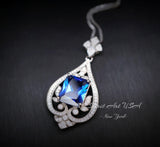 Blue Sapphire Necklace - Spirit Royal Flower Jewelry - 5 Ct Radiant Cut Large Blue Sapphire Pendant - 18KGP Sterling Silver #872