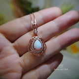 Large Opal Necklace - Rose Gold Coated 925 Sterling Silver Flower Leaf style - Teardrop Opal Pendant #608
