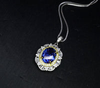Large Tanzanite Necklace Gemstone Lotus Solitaire 3 CT Blue Gemstone Pendant December Birthstone White Gold plated #712