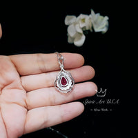 Large Ruby Necklace - Sterling Silver Teardrop Solitaire Gemstone Flower Petal Pear Ruby Pendant - Flower Feather Style #715