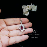 Large Ruby Necklace - Sterling Silver Teardrop Solitaire Gemstone Flower Petal Pear Ruby Pendant - Flower Feather Style #715
