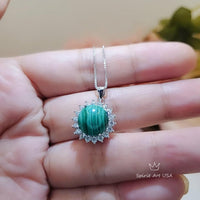 Genuine Malachite Necklace - High Quality Dainty Sterling Silver Princess Diana Style Gemstone Sunflower Style Natural Malachite #359