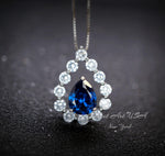 Blue Sapphire Necklace 18kgp Sterling Silver - Gemstone Halo - Teardrop Blue Sapphire Pendant - September Birthstone - Pear Cut 2.6 CT #954