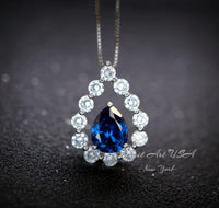 Blue Sapphire Necklace 18kgp Sterling Silver - Gemstone Halo - Teardrop Blue Sapphire Pendant - September Birthstone - Pear Cut 2.6 CT #954