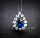 Blue Sapphire Necklace 18kgp Sterling Silver - Gemstone Halo - Teardrop Blue Sapphire Pendant - September Birthstone - Pear Cut 2.6 CT #954