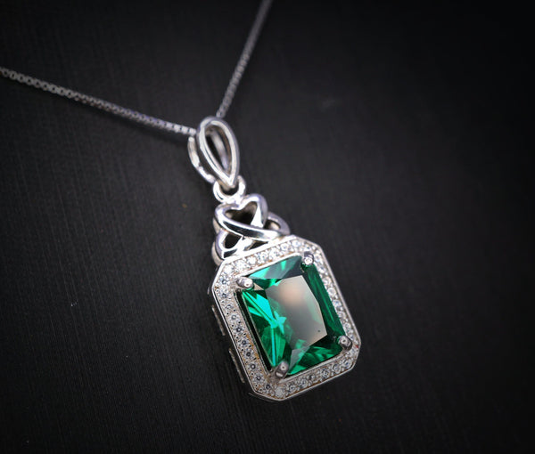 Emerald Necklace - Rectangle Gemstone Sterling Silver 3.5 CT Green Gemstone Pendant White Gold Plated #324