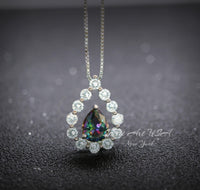 Mystic Topaz Necklace - 18kgp Sterling Silver - Gemstone Halo - Teardrop Rainbow Mystic Topaz Pendant - Pear Cut 2.6 CT #399
