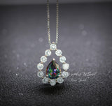 Mystic Topaz Necklace - 18kgp Sterling Silver - Gemstone Halo - Teardrop Rainbow Mystic Topaz Pendant - Pear Cut 2.6 CT #399