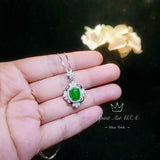 Gemstone Flower Green Jade Necklace - White Gold Coated Sterling Silver Oval Jade Jewelry #672