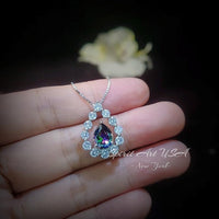 Mystic Topaz Necklace - 18kgp Sterling Silver - Gemstone Halo - Teardrop Rainbow Mystic Topaz Pendant - Pear Cut 2.6 CT #399